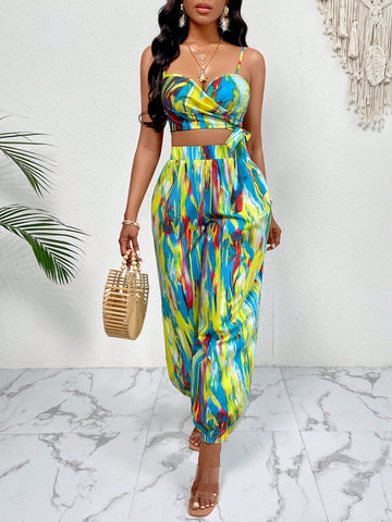 Summer Two Piece Outfits Tie Dye Knot Front Cami Top & Carrot Pants