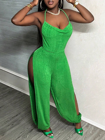 Tie Backless Split Thigh Halter Jumpsuit