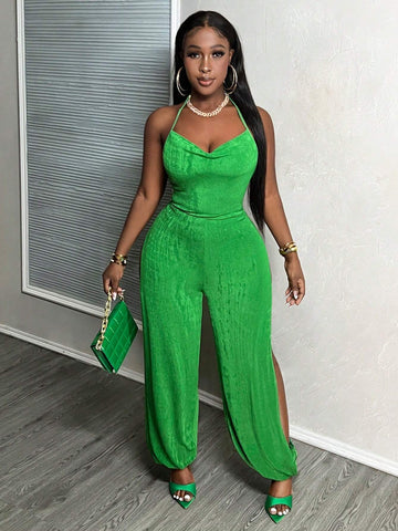 Tie Backless Split Thigh Halter Jumpsuit