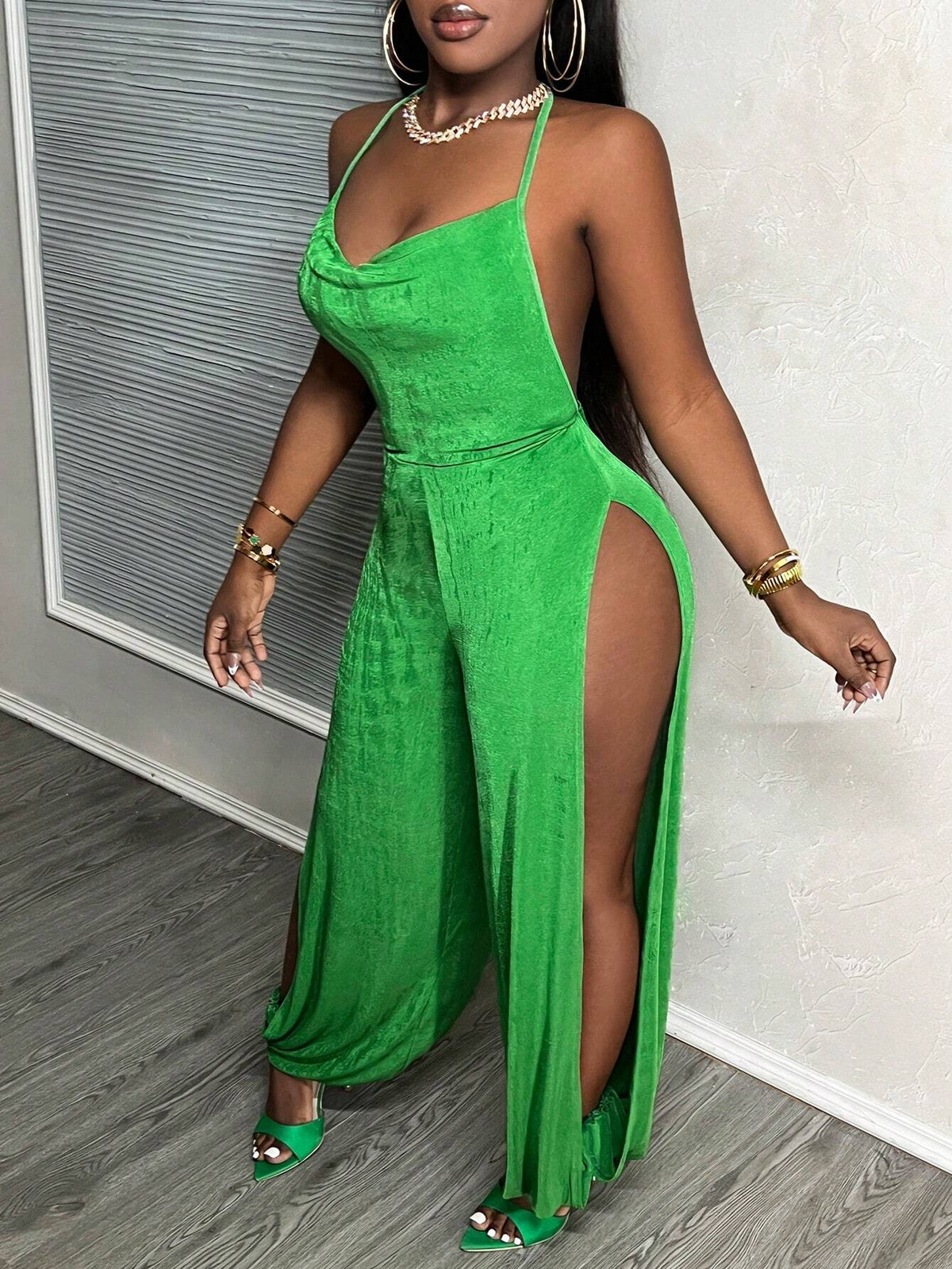 Tie Backless Split Thigh Halter Jumpsuit
