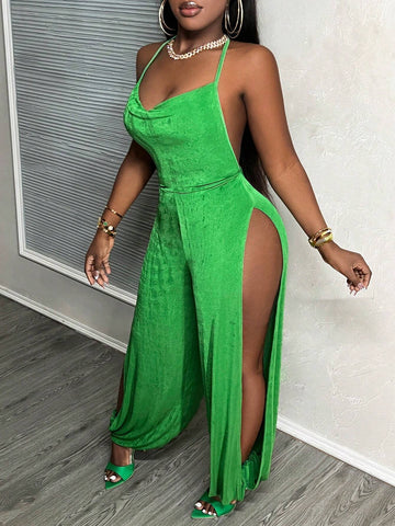 Tie Backless Split Thigh Halter Jumpsuit