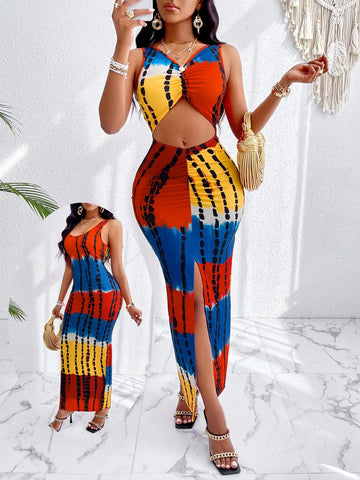 Tie Dye Colorful V-Neck Cut Out Ruched Back Colorblock Dress (Random Prints)