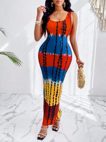 Tie Dye Colorful V-Neck Cut Out Ruched Back Colorblock Dress (Random Prints)