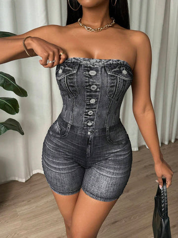 Tight Black Jumpsuit With Top Top Imitation Denim