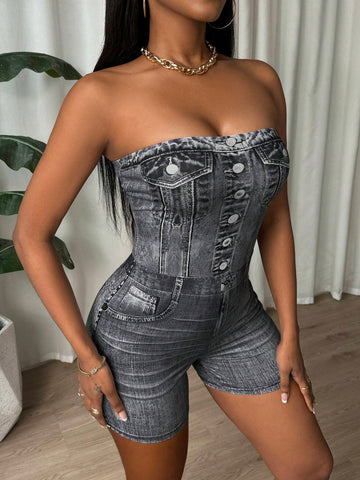 Tight Black Jumpsuit With Top Top Imitation Denim