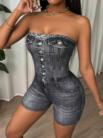 Tight Black Jumpsuit With Top Top Imitation Denim