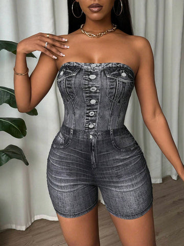 Tight Black Jumpsuit With Top Top Imitation Denim