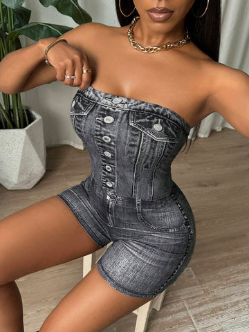 Tight Black Jumpsuit With Top Top Imitation Denim