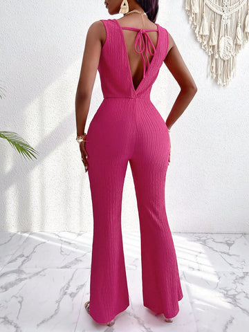 Tricot Polyester Chique Surplice Neck Wide Leg Wist Front Jumpsuit