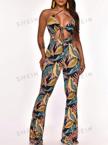 Tropical Print Cross Halter Hollow Out Flare Pants Jumpsuit For Beach Vacation