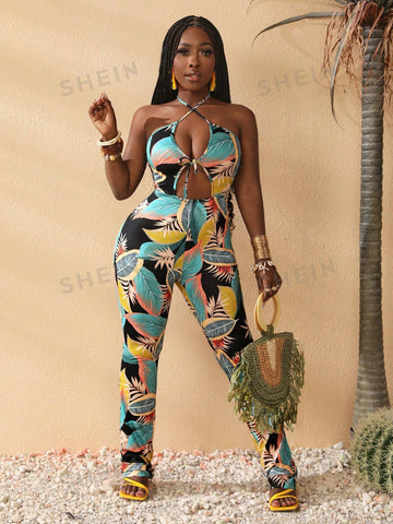 Tropical Print Cross Halter Hollow Out Flare Pants Jumpsuit For Beach Vacation