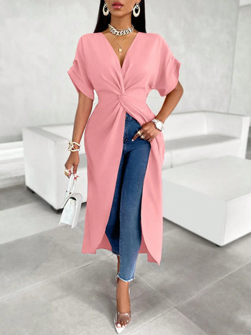 Slayr Twist Front Split Thigh Blouse Gathered Sleeves