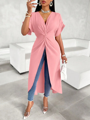 Slayr Twist Front Split Thigh Blouse Gathered Sleeves