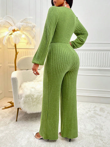 Twist Knotted Deep V-neck Long Sleeve Jumpsuit
