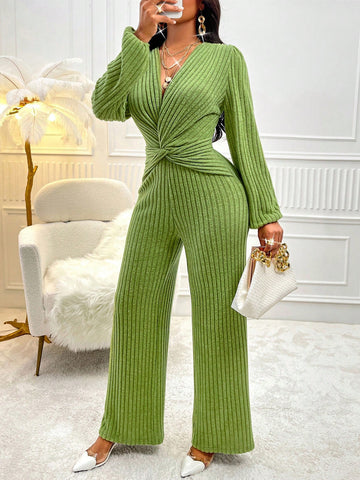 Twist Knotted Deep V-neck Long Sleeve Jumpsuit