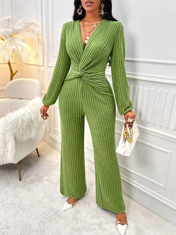 Twist Knotted Deep V-neck Long Sleeve Jumpsuit