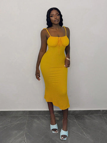 Vacation Spaghetti Strap Ruched Fish Tail Hem Bodycon Dress With Tie Front-Red Carpet Style