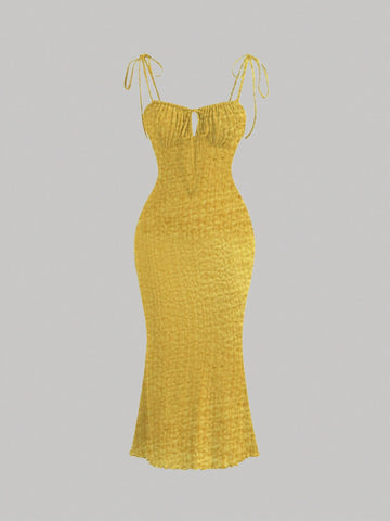 Vacation Spaghetti Strap Ruched Fish Tail Hem Bodycon Dress With Tie Front-Red Carpet Style