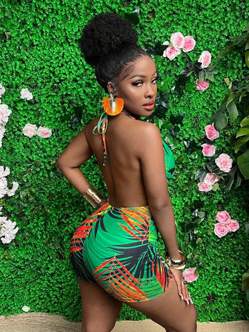 Vacation Style Plant Print Halter Neck Flared Jumpsuit