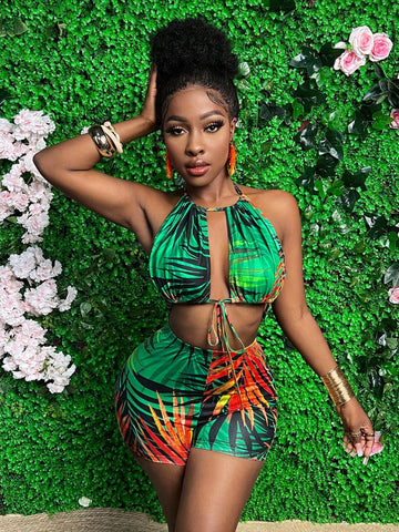 Vacation Style Plant Print Halter Neck Flared Jumpsuit