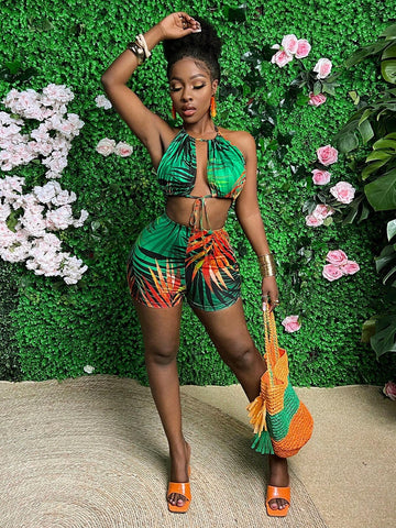 Vacation Style Plant Print Halter Neck Flared Jumpsuit