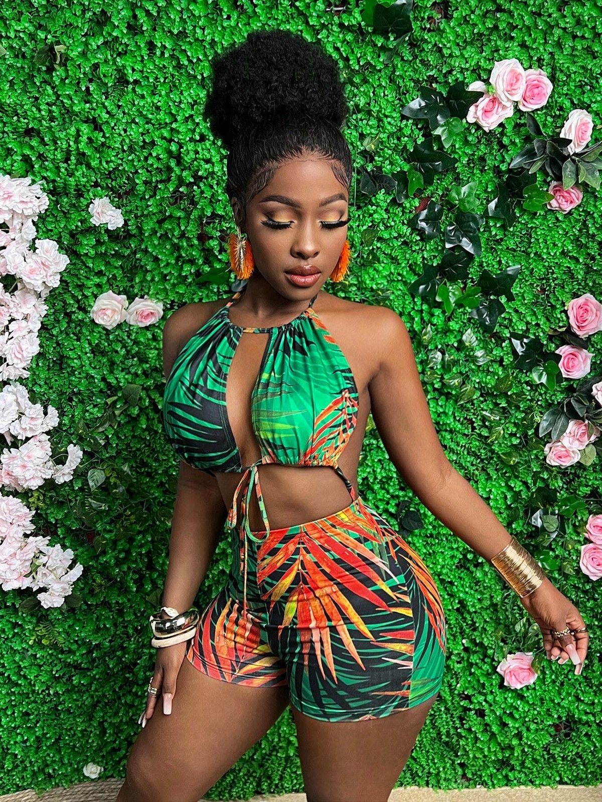 Vacation Style Plant Print Halter Neck Flared Jumpsuit