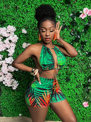 Vacation Style Plant Print Halter Neck Flared Jumpsuit