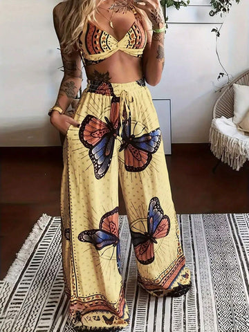 Vacation Suspenders, Ultra-Cut Top, Wide-Legged Ultra-Long Pants, All-Over Butterfly Print Women's Two-Piece Set-C