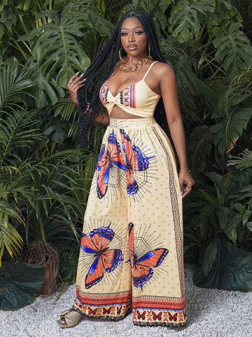 Vacation Suspenders, Ultra-Cut Top, Wide-Legged Ultra-Long Pants, All-Over Butterfly Print Women's Two-Piece Set-C