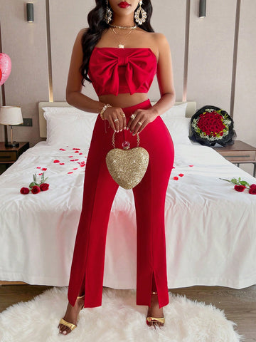 Valentine Butterfly Knot Sleeveless Strapless Top & Slit Hem Long Pants Sexy Outfits Club Evening Gown Red Women Two-Piece Suit