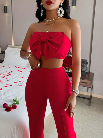 Valentine Butterfly Knot Sleeveless Strapless Top & Slit Hem Long Pants Sexy Outfits Club Evening Gown Red Women Two-Piece Suit
