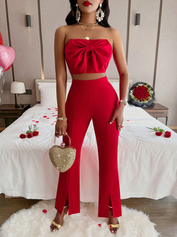 Valentine Butterfly Knot Sleeveless Strapless Top & Slit Hem Long Pants Sexy Outfits Club Evening Gown Red Women Two-Piece Suit