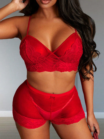 Valentine's Day Lace Mesh Splice Sexy Cami Top & Tight See-Through Mini Shorts Red Women's 2pcs Set