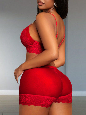 Valentine's Day Lace Mesh Splice Sexy Cami Top & Tight See-Through Mini Shorts Red Women's 2pcs Set