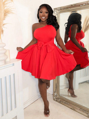 Valentine's Day Red Bow Tie One Shoulder Sleeveless Dress