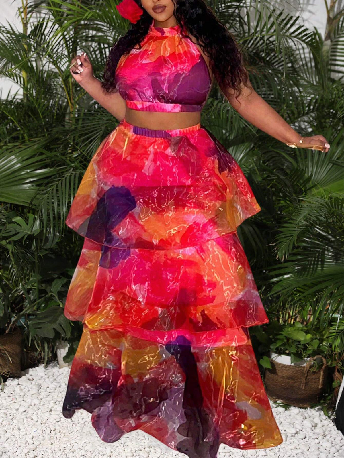 Valentine's Day Tie Dye Halter Top & Tiered Ruffle Skirt 2-Piece Set