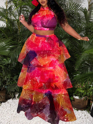Valentine's Day Tie Dye Halter Top & Tiered Ruffle Skirt 2-Piece Set