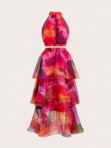 Valentine's Day Tie Dye Halter Top & Tiered Ruffle Skirt 2-Piece Set