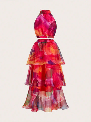 Valentine's Day Tie Dye Halter Top & Tiered Ruffle Skirt 2-Piece Set