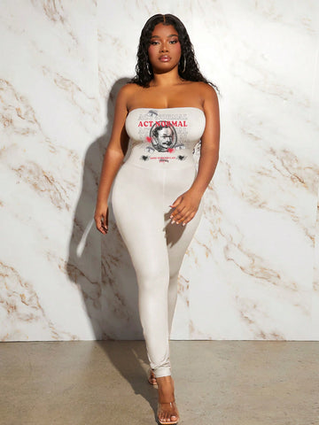 Vintage Car Print Strapless Bodycon Jumpsuit