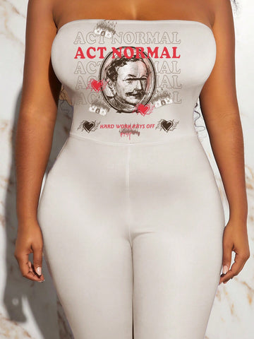 Vintage Car Print Strapless Bodycon Jumpsuit