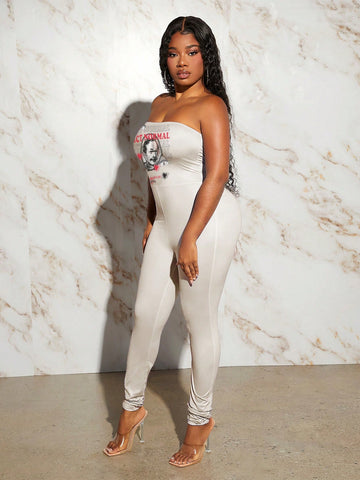 Vintage Car Print Strapless Bodycon Jumpsuit