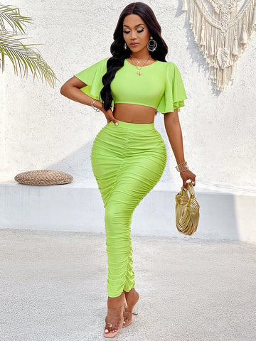 With Short Flounce Sleeves Top Ruched Side Pencil Skirt Sexy Outfits
