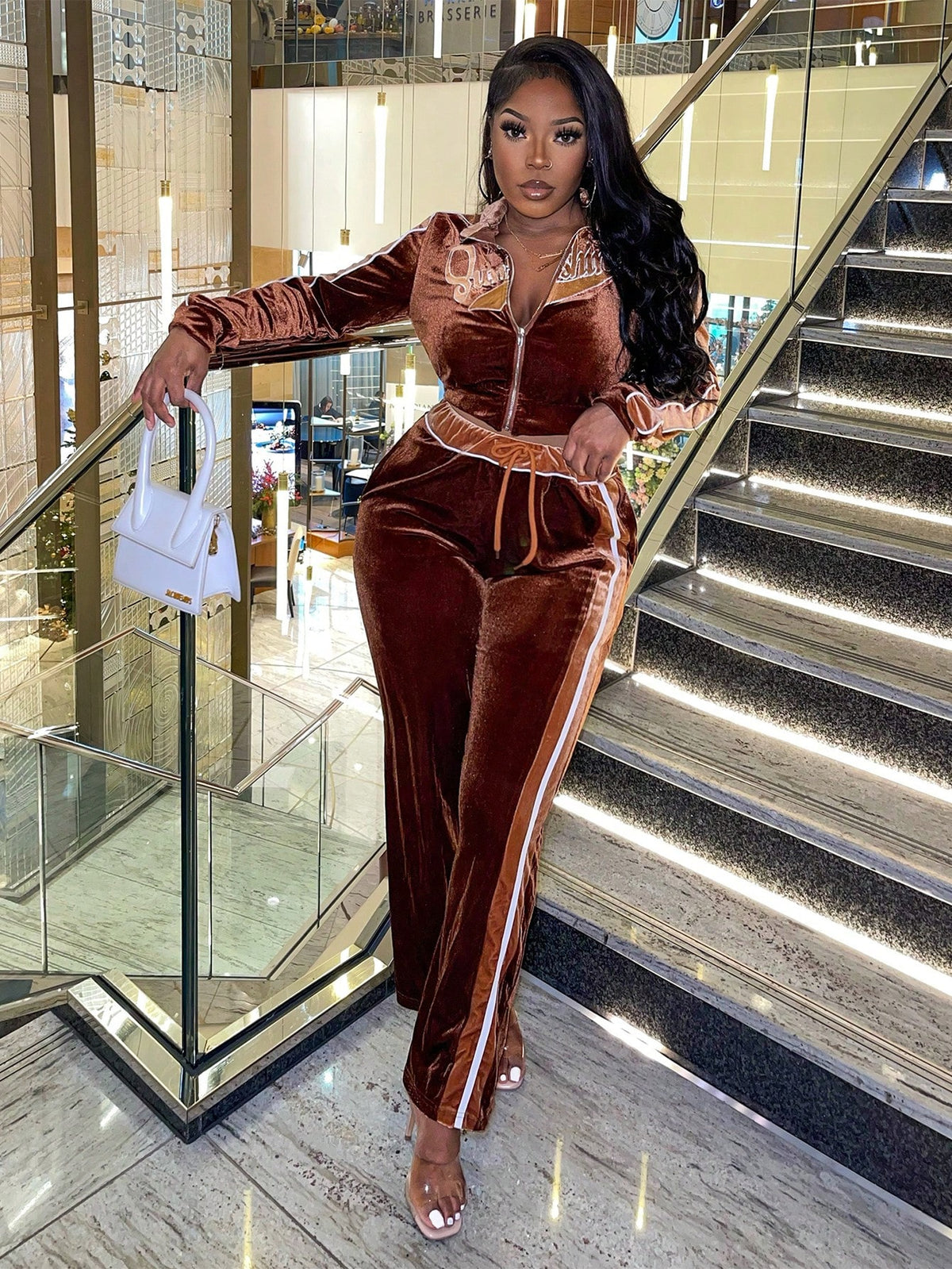 Women'S Brown Letter Print Zipper Front Long Sleeve Jacket And Pants Set