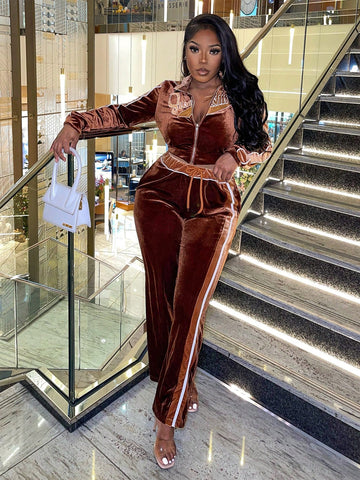 Women'S Brown Letter Print Zipper Front Long Sleeve Jacket And Pants Set