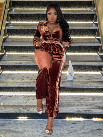 Women'S Brown Letter Print Zipper Front Long Sleeve Jacket And Pants Set