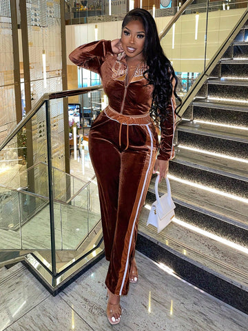 Women'S Brown Letter Print Zipper Front Long Sleeve Jacket And Pants Set