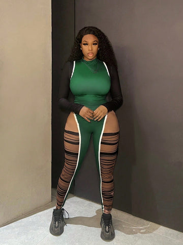 Women'S Color Block Long Sleeve Jumpsuit