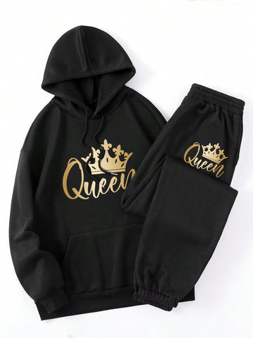 Women'S Crown Printed Hooded Fleece Tracksuit
