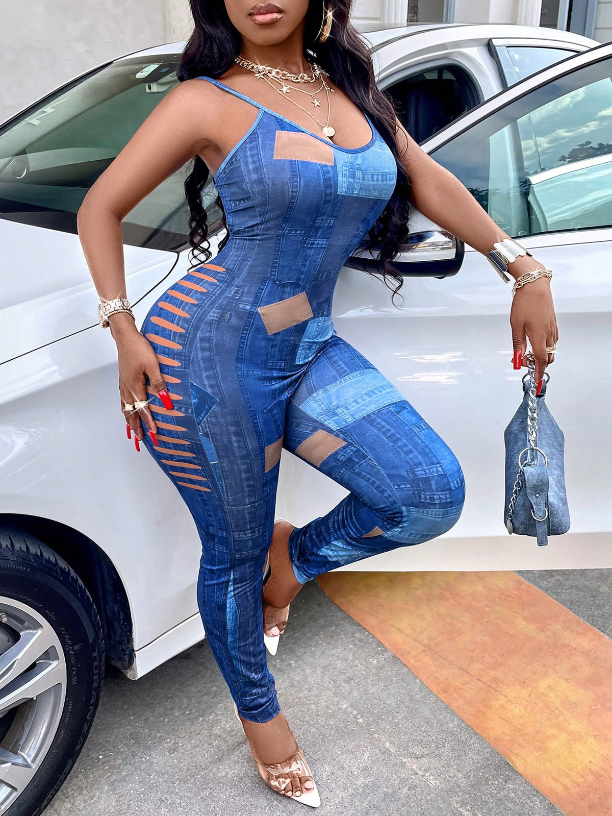 Women'S Denim-Like Hollow-Out Floral Print Tight Jumpsuit With Spaghetti Straps